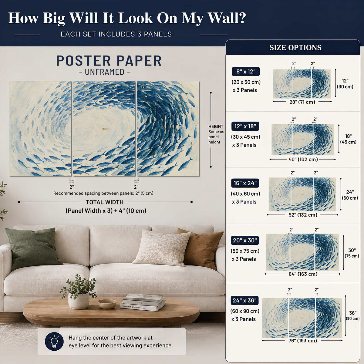 A circular school of blue fish flowing around a pale open center set of 3 poster prints size guide above a sofa; room view is illustrative