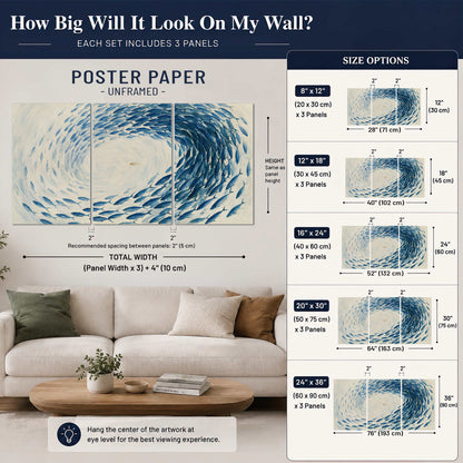 A circular school of blue fish flowing around a pale open center set of 3 poster prints size guide above a sofa; room view is illustrative