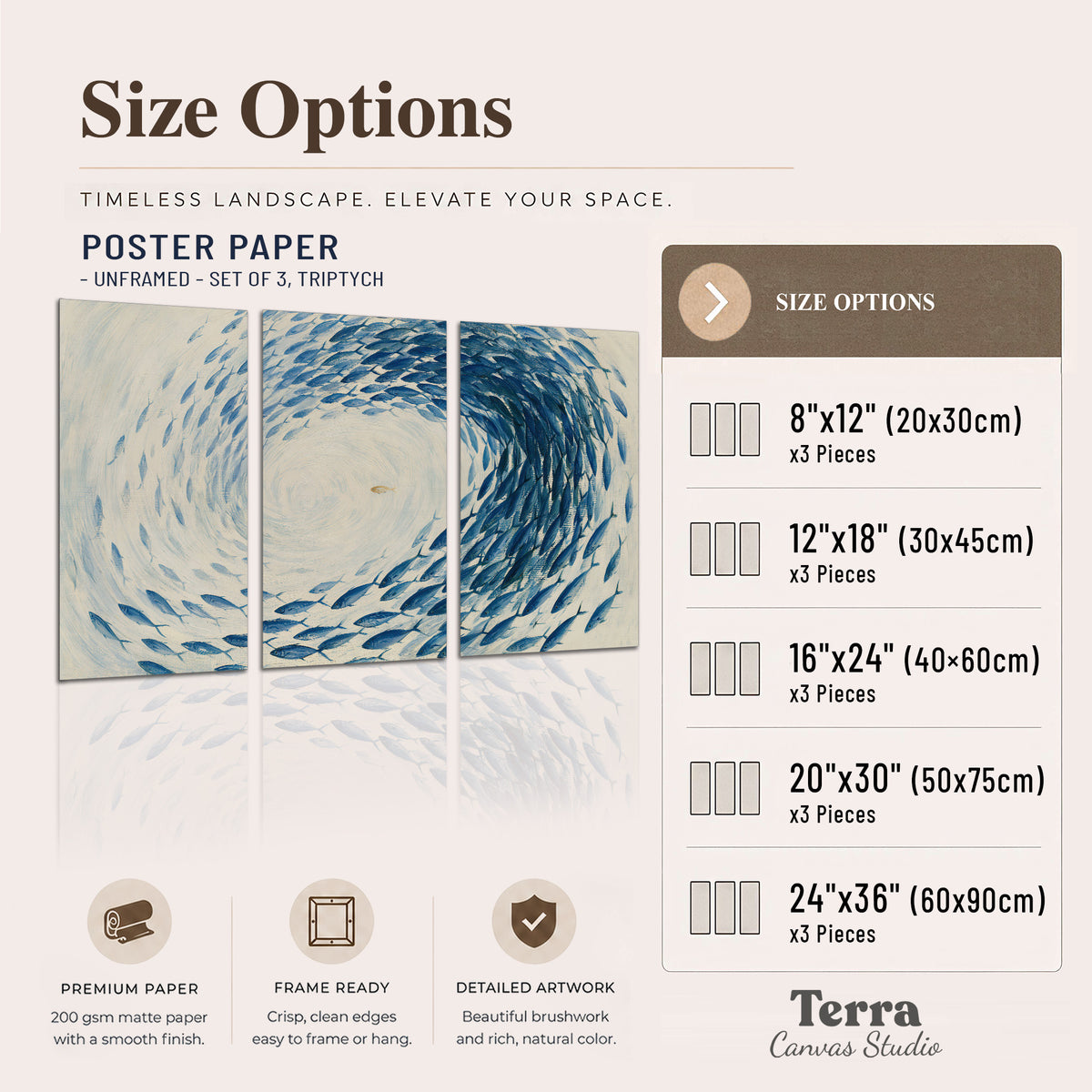 A circular school of blue fish flowing around a pale open center set of 3 poster prints available dimensions; triptych dimensions are per panel