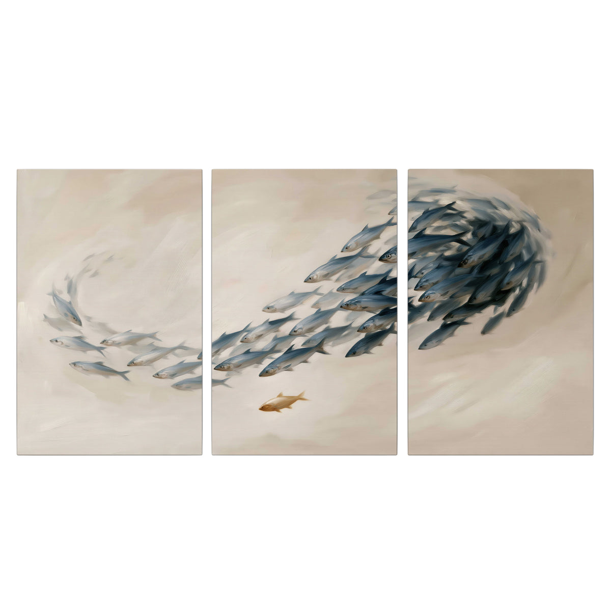 A sweeping school of small gray fish curving across a pale neutral background 3 piece canvas wall art viewed straight on