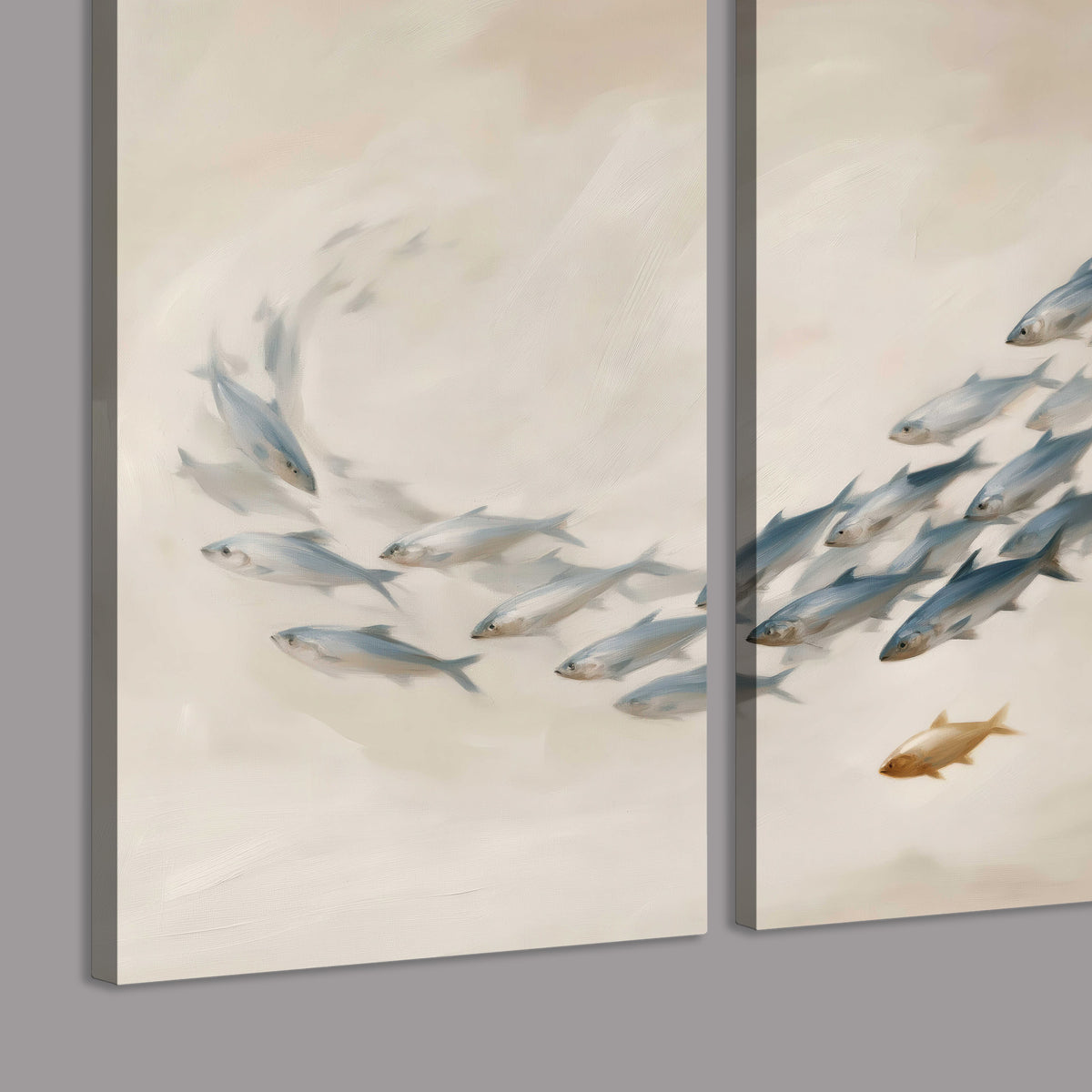 A sweeping school of small gray fish curving across a pale neutral background 3 piece canvas wall art room and product view