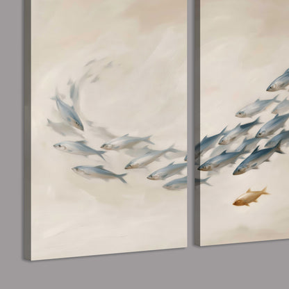 A sweeping school of small gray fish curving across a pale neutral background 3 piece canvas wall art room and product view