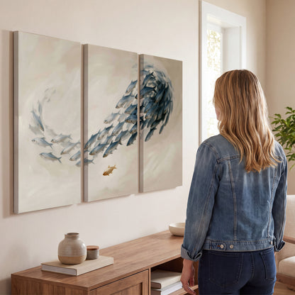 A sweeping school of small gray fish curving across a pale neutral background 3 piece canvas wall art three panel arrangement on a wall