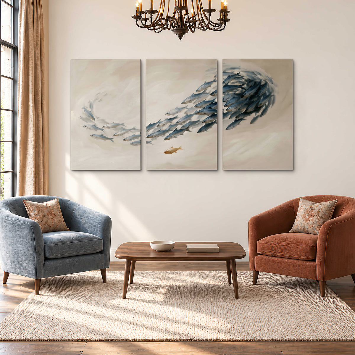 A sweeping school of small gray fish curving across a pale neutral background 3 piece canvas wall art styled in an interior