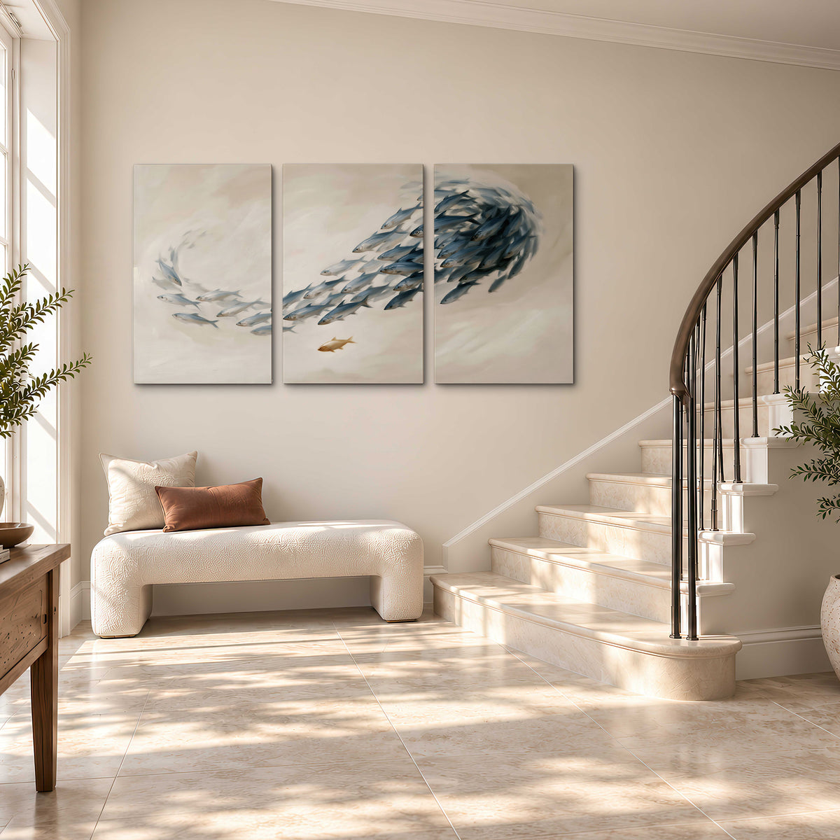 A sweeping school of small gray fish curving across a pale neutral background 3 piece canvas wall art styled in an interior