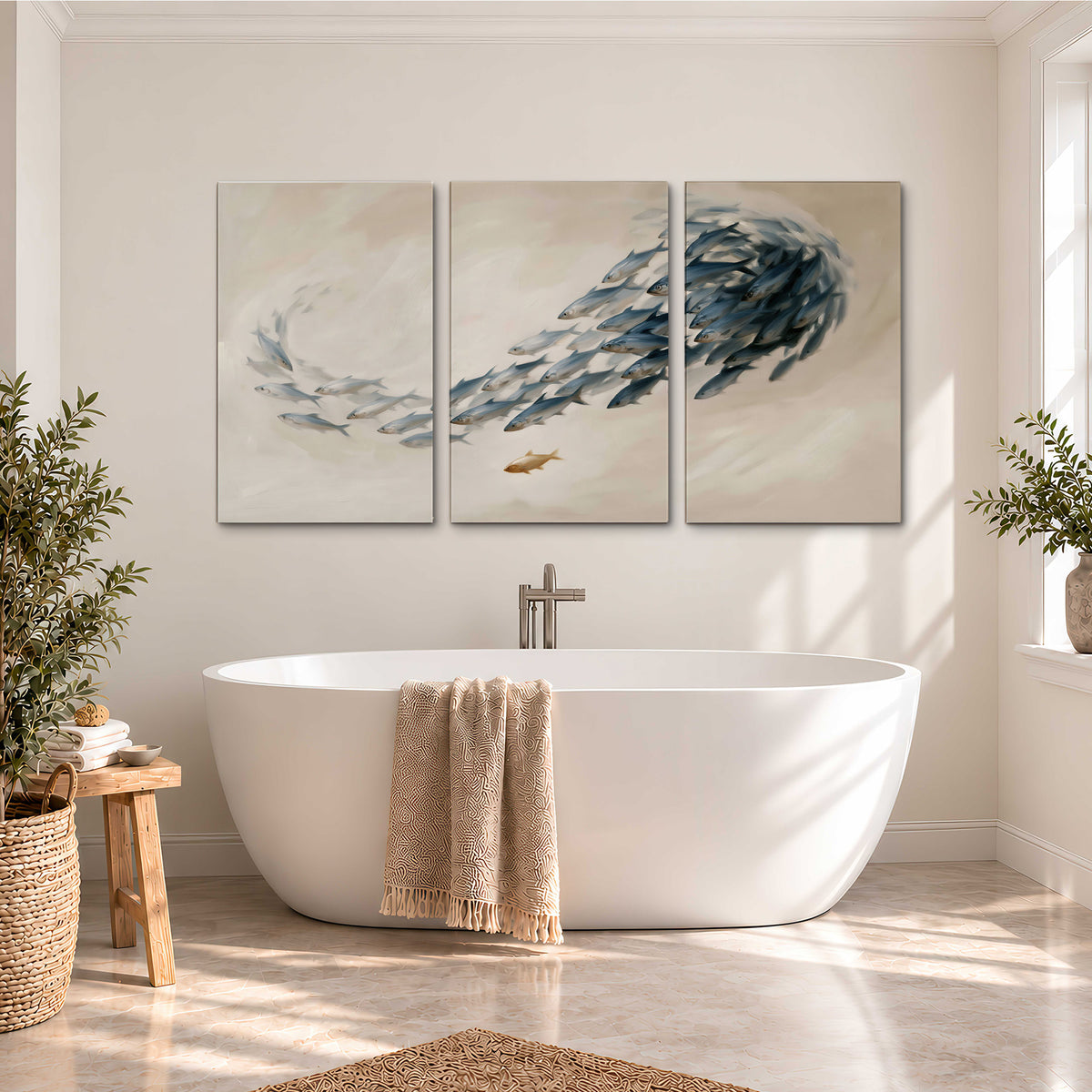 A sweeping school of small gray fish curving across a pale neutral background 3 piece canvas wall art styled in an interior