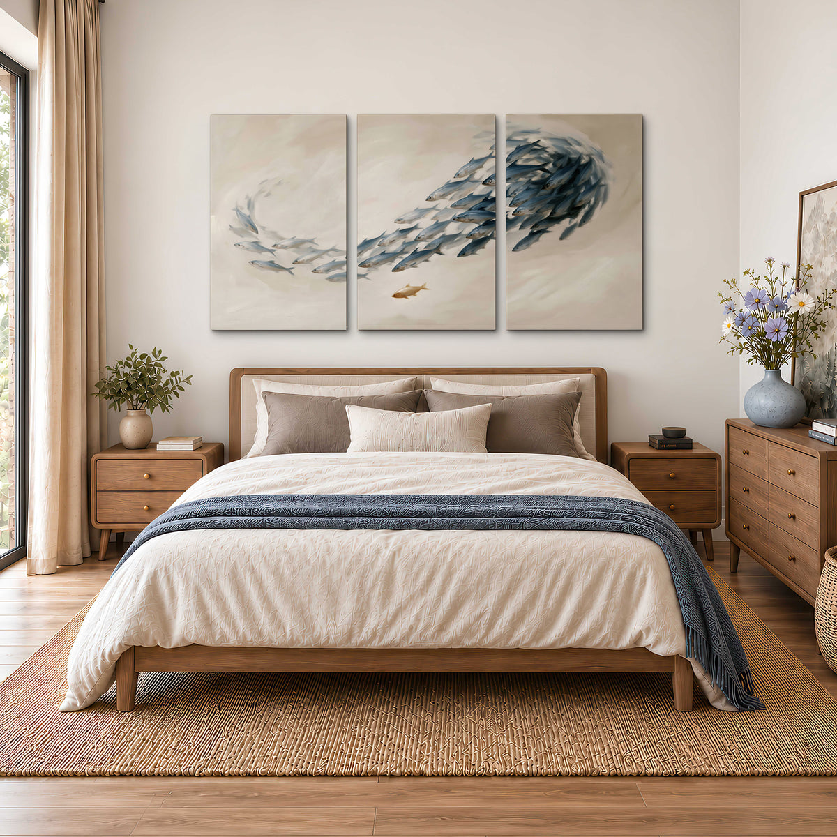 A sweeping school of small gray fish curving across a pale neutral background 3 piece canvas wall art styled in an interior
