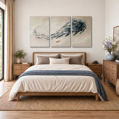 A sweeping school of small gray fish curving across a pale neutral background 3 piece canvas wall art styled in an interior