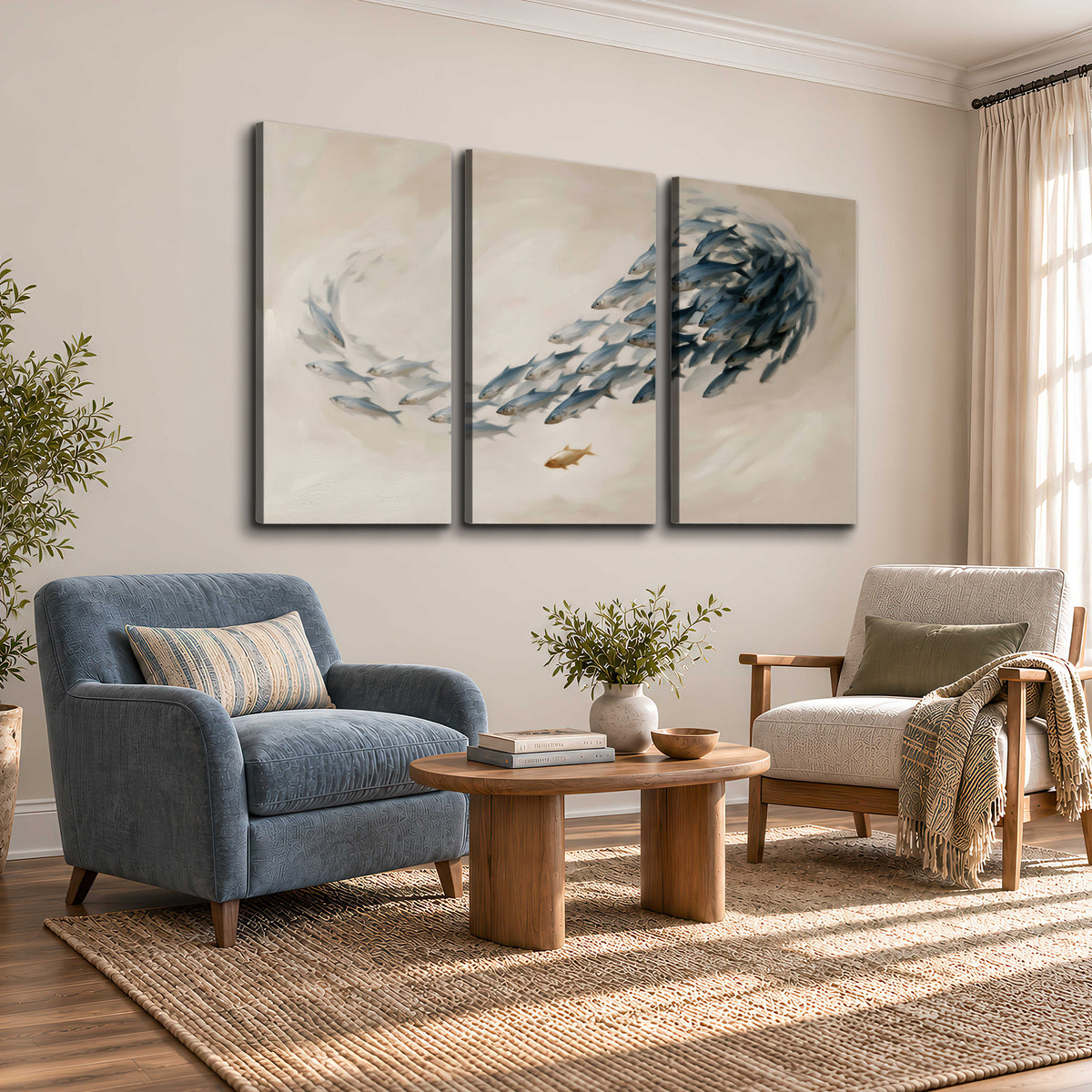 A sweeping school of small gray fish curving across a pale neutral background 3 piece canvas wall art styled in an interior