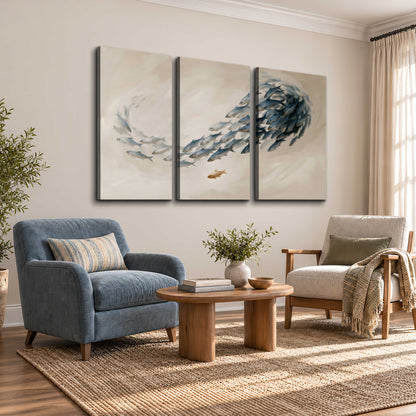 A sweeping school of small gray fish curving across a pale neutral background 3 piece canvas wall art styled in an interior
