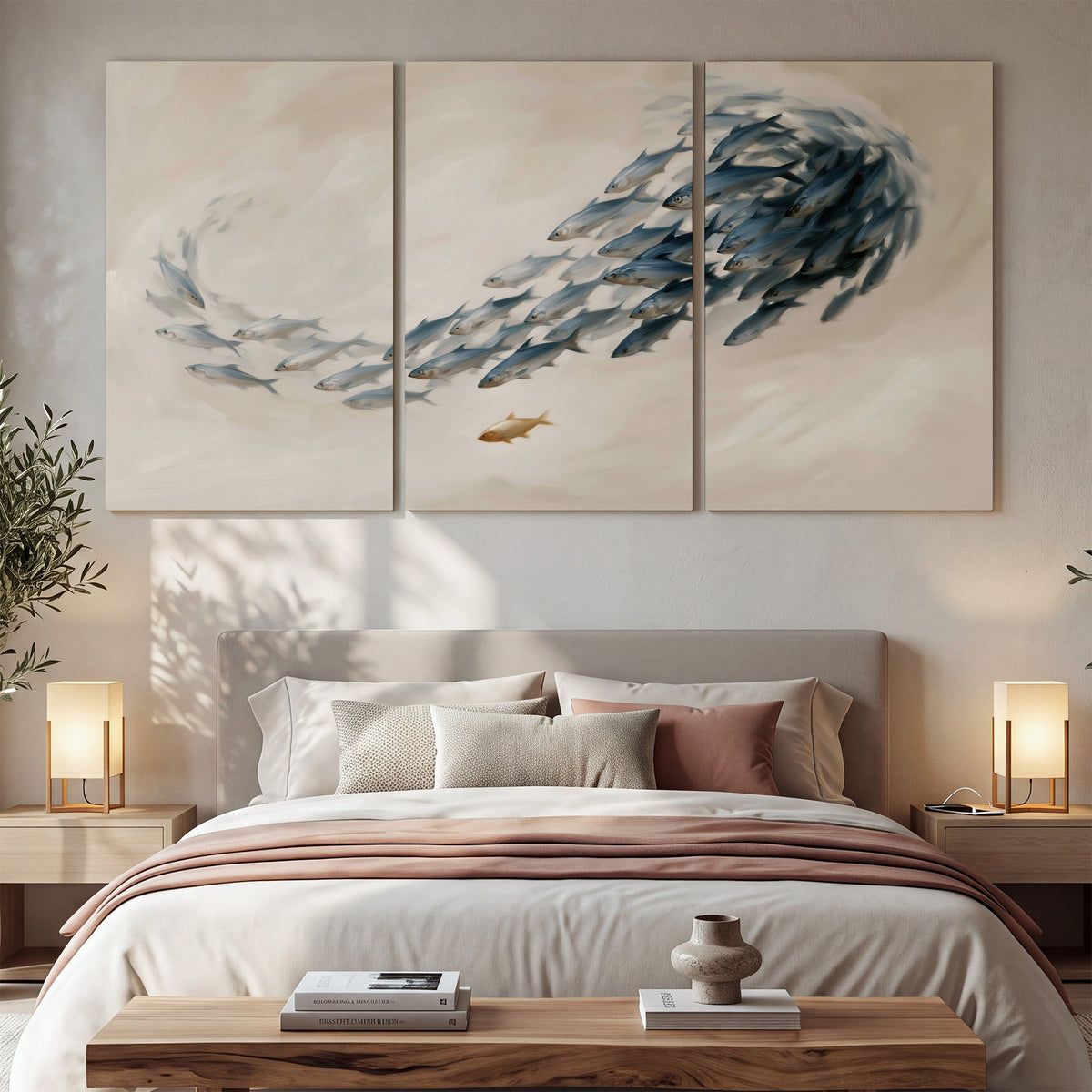 A sweeping school of small gray fish curving across a pale neutral background 3 piece canvas wall art displayed in a bedroom
