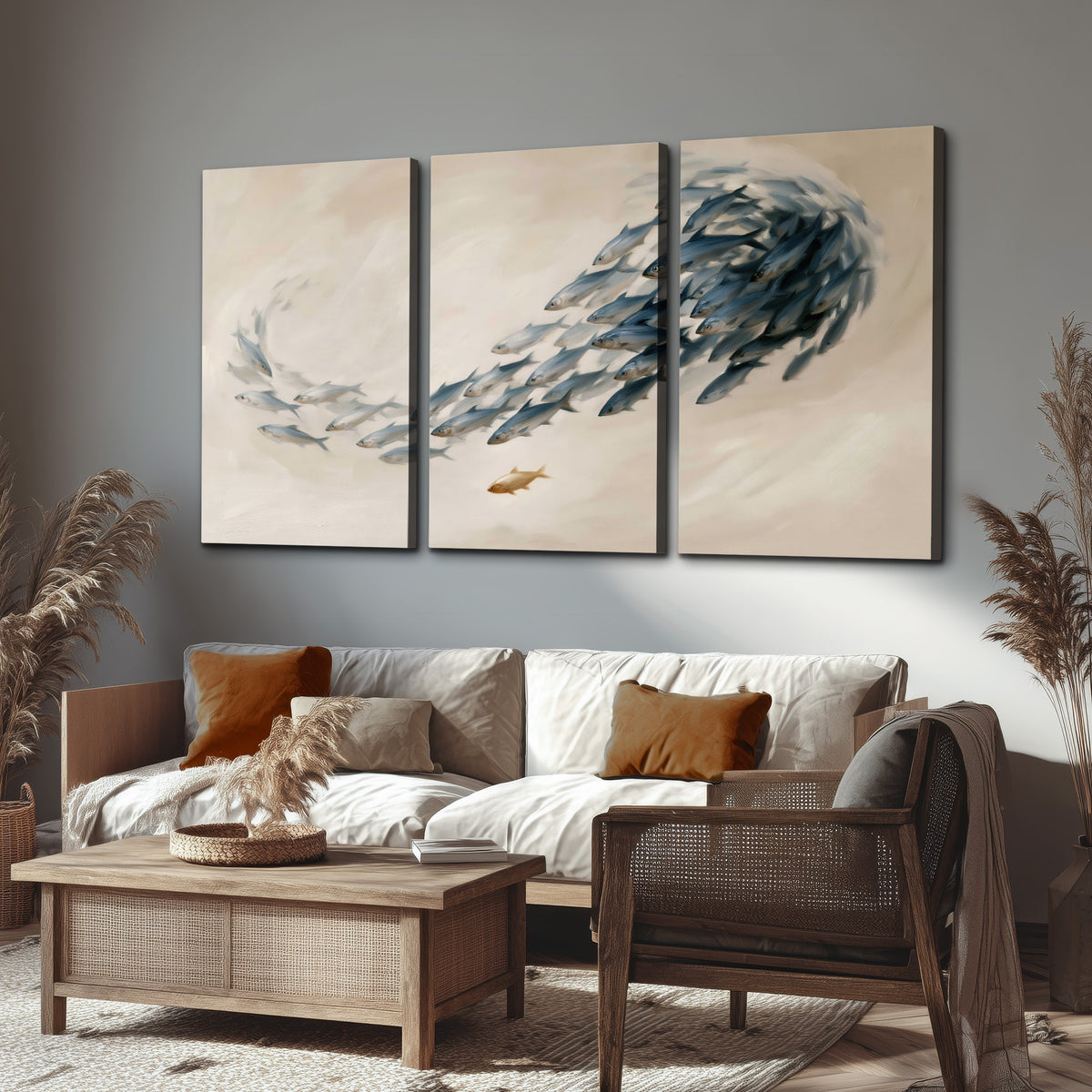 A sweeping school of small gray fish curving across a pale neutral background 3 piece canvas wall art displayed in a rustic living room