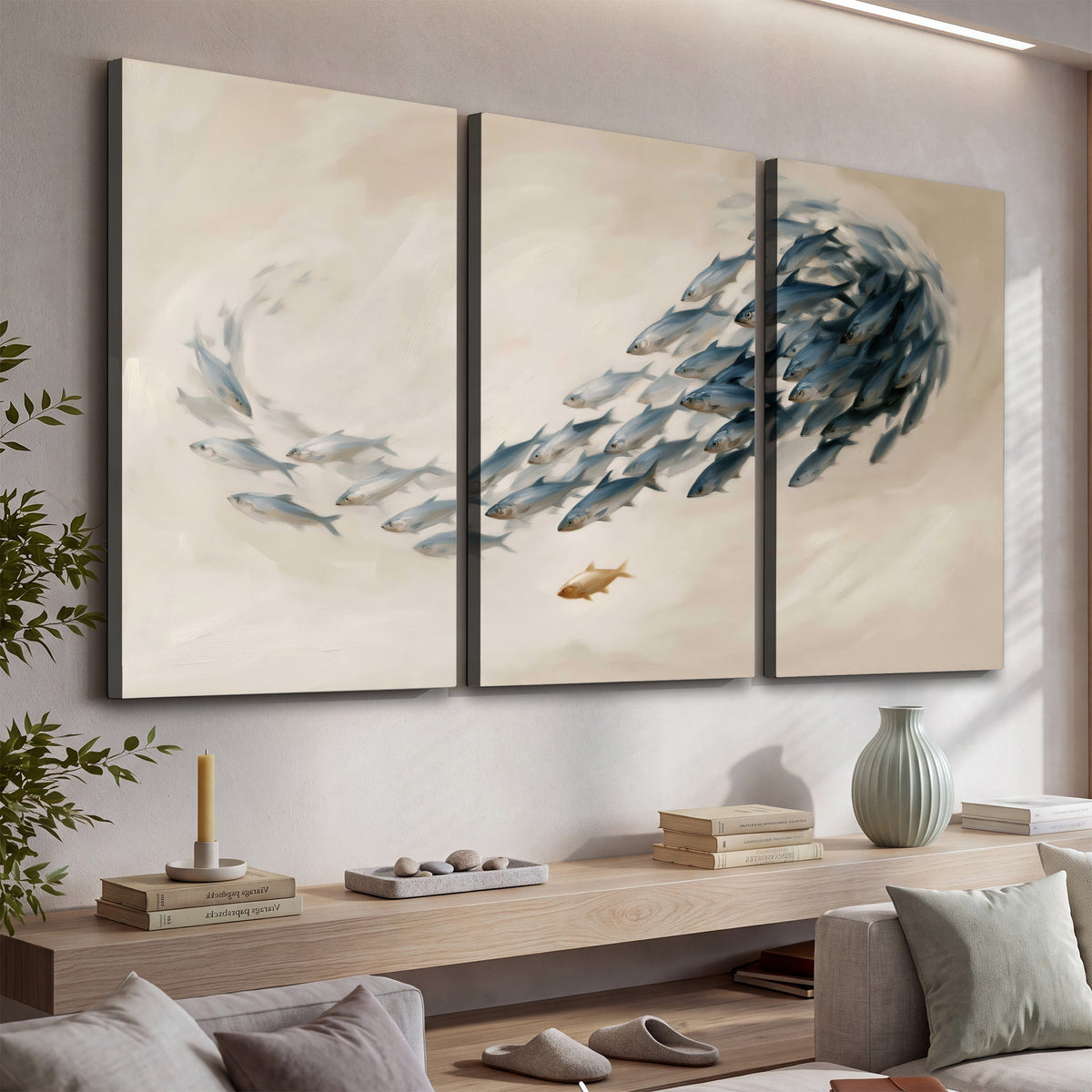 A sweeping school of small gray fish curving across a pale neutral background 3 piece canvas wall art displayed in a console