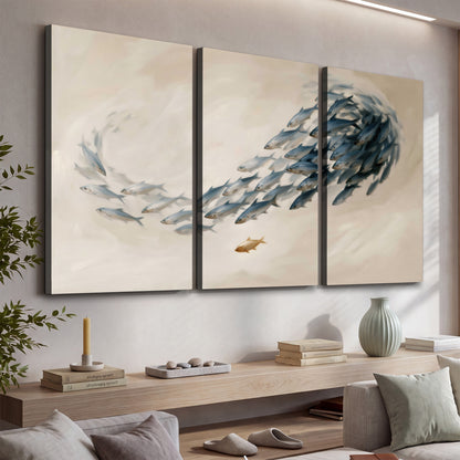 A sweeping school of small gray fish curving across a pale neutral background 3 piece canvas wall art displayed in a console