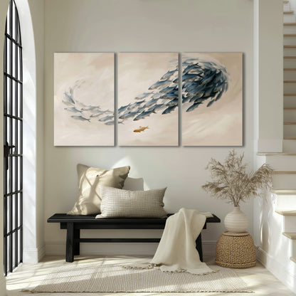 A sweeping school of small gray fish curving across a pale neutral background 3 piece canvas wall art displayed in a entryway