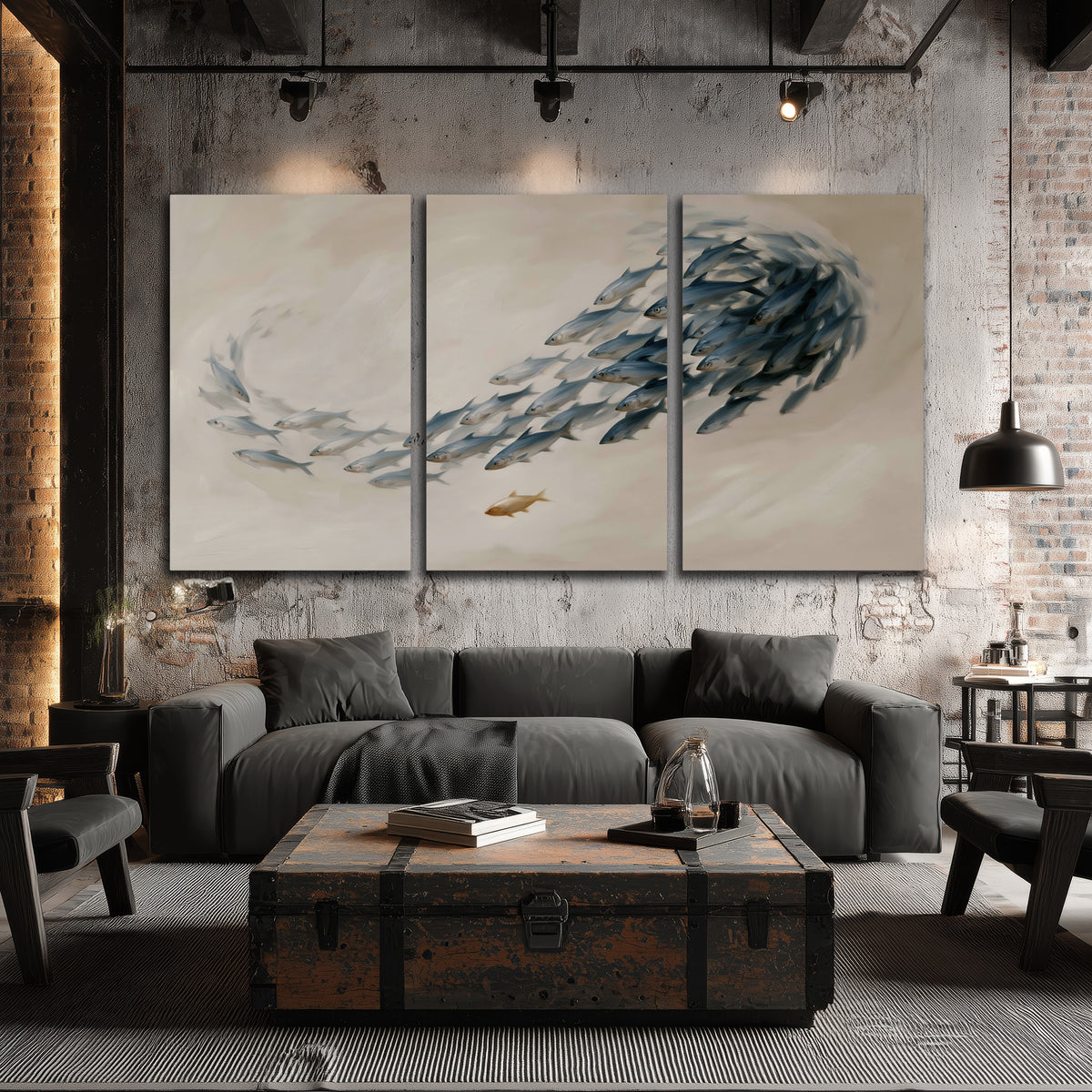 A sweeping school of small gray fish curving across a pale neutral background 3 piece canvas wall art displayed in a industrial room