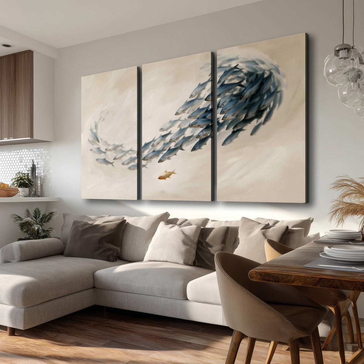 A sweeping school of small gray fish curving across a pale neutral background 3 piece canvas wall art room and product view