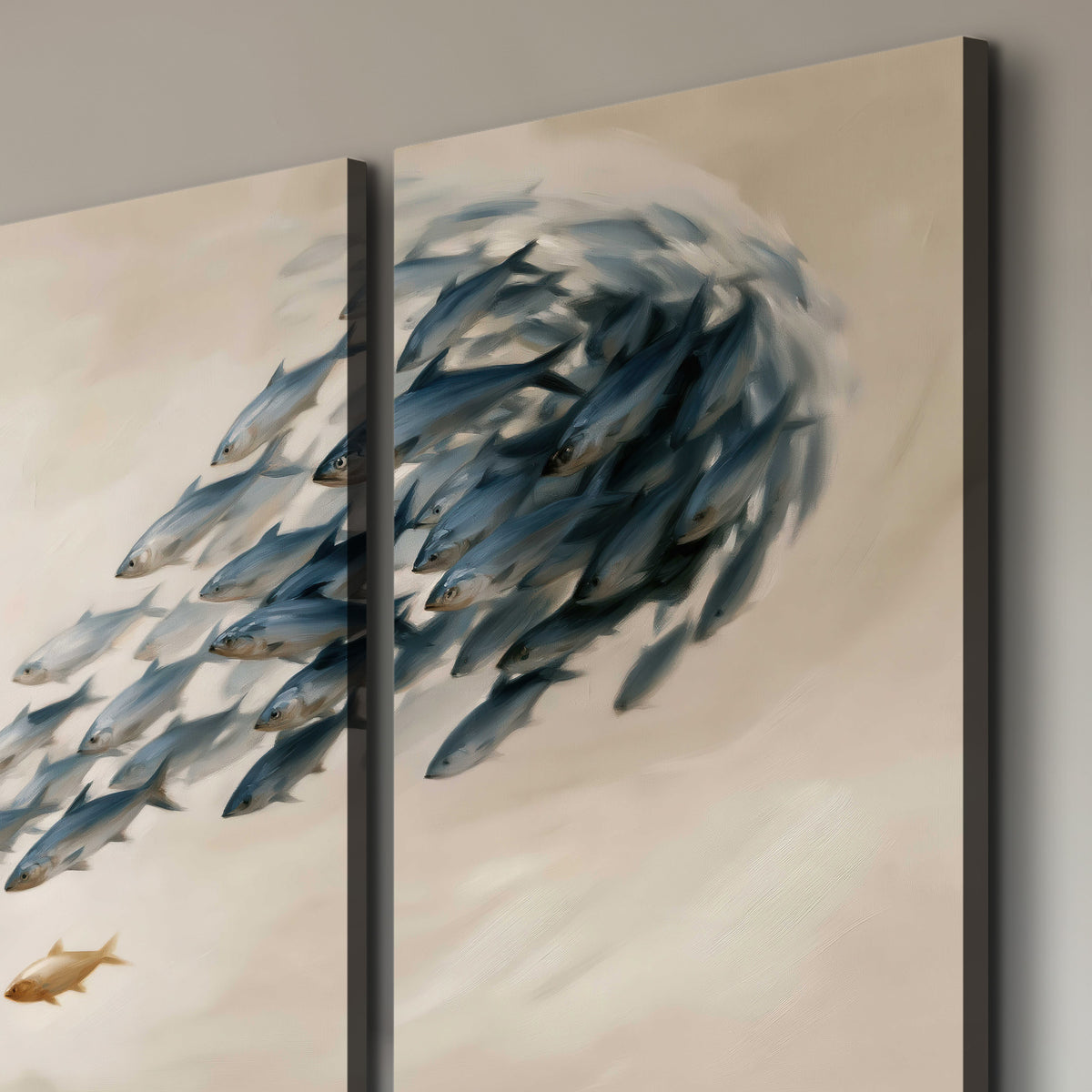A sweeping school of small gray fish curving across a pale neutral background 3 piece canvas wall art room and product view