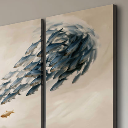 A sweeping school of small gray fish curving across a pale neutral background 3 piece canvas wall art room and product view