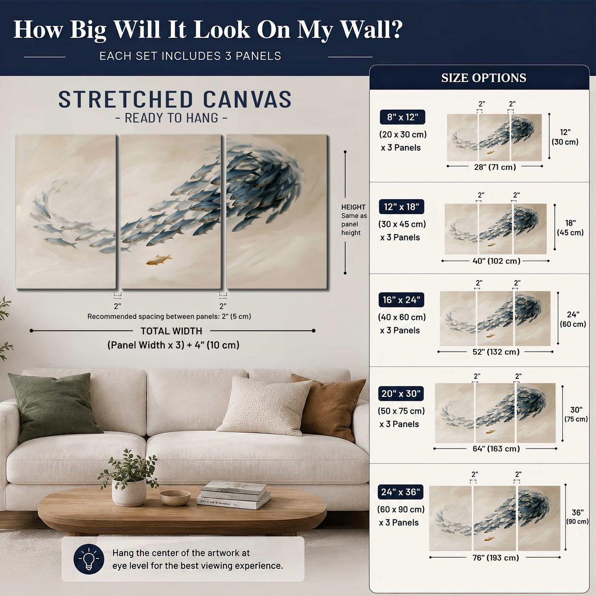 A sweeping school of small gray fish curving across a pale neutral background 3 piece canvas wall art size guide above a sofa; room view is illustrative