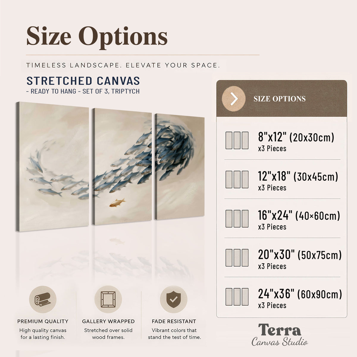 A sweeping school of small gray fish curving across a pale neutral background 3 piece canvas wall art available dimensions; triptych dimensions are per panel