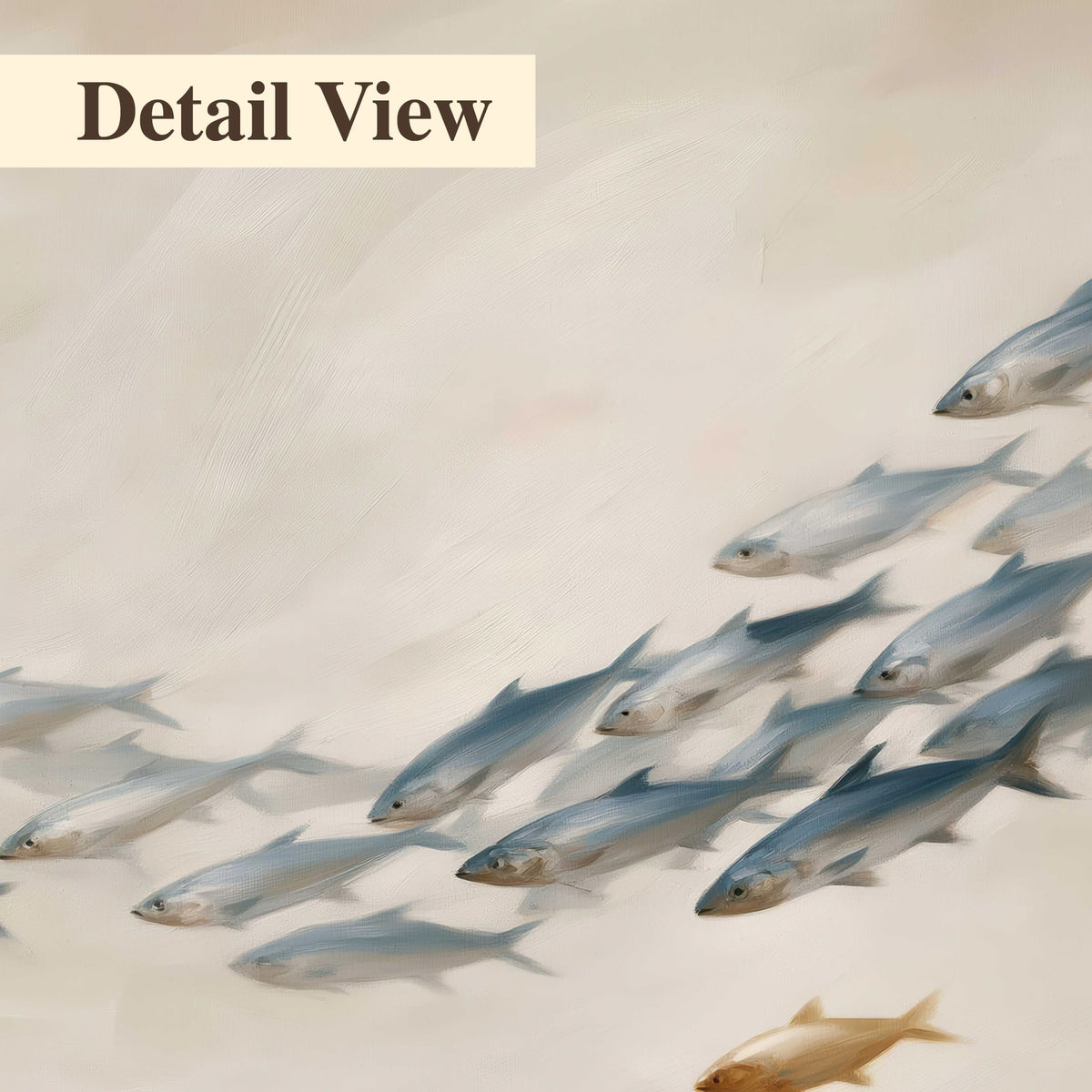 A sweeping school of small gray fish curving across a pale neutral background 3 piece canvas wall art artwork detail close up