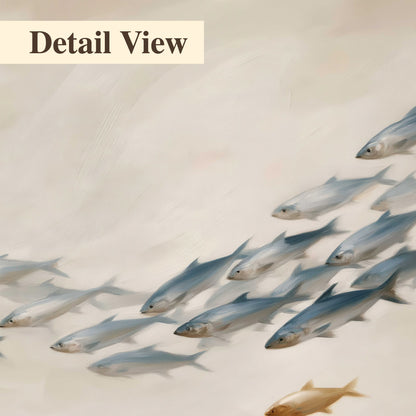 A sweeping school of small gray fish curving across a pale neutral background 3 piece canvas wall art artwork detail close up