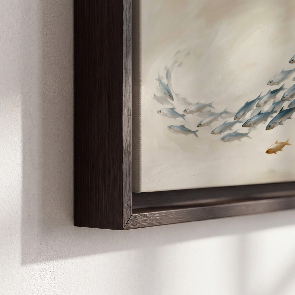 A sweeping school of small gray fish curving across a pale neutral background 3 piece framed canvas wall art material and edge close up