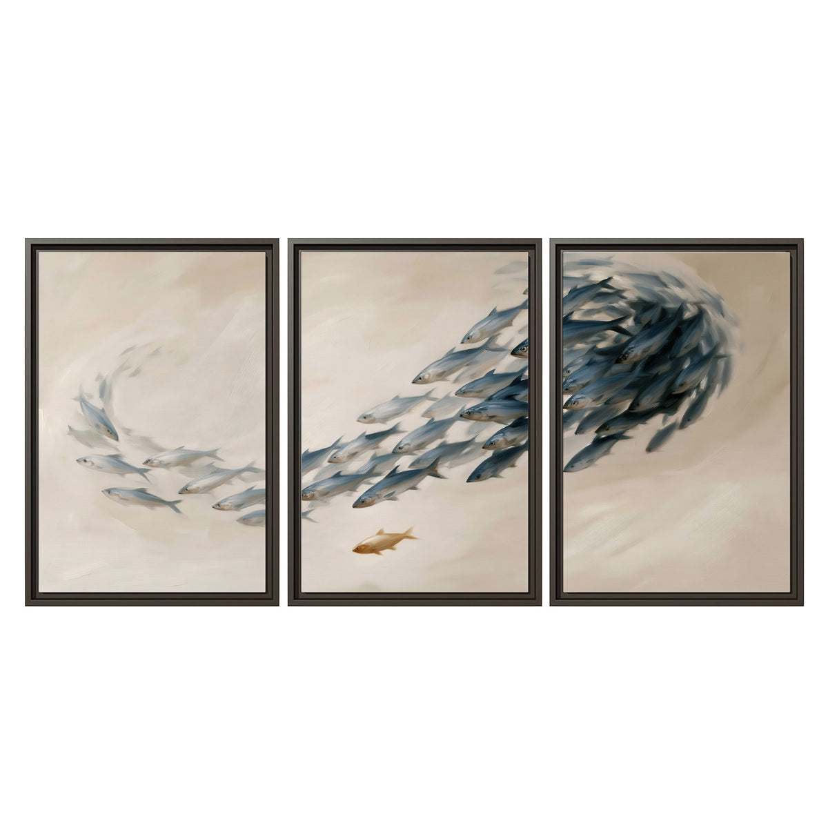 A sweeping school of small gray fish curving across a pale neutral background 3 piece framed canvas wall art viewed straight on