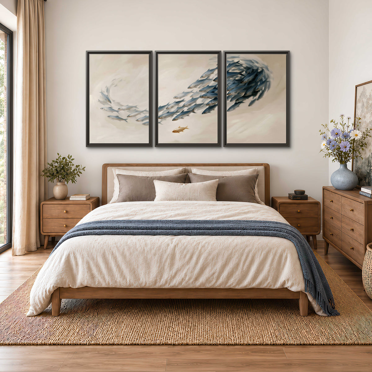 A sweeping school of small gray fish curving across a pale neutral background 3 piece framed canvas wall art styled in an interior