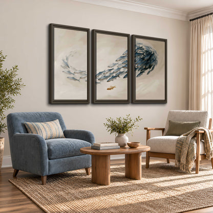 A sweeping school of small gray fish curving across a pale neutral background 3 piece framed canvas wall art styled in an interior