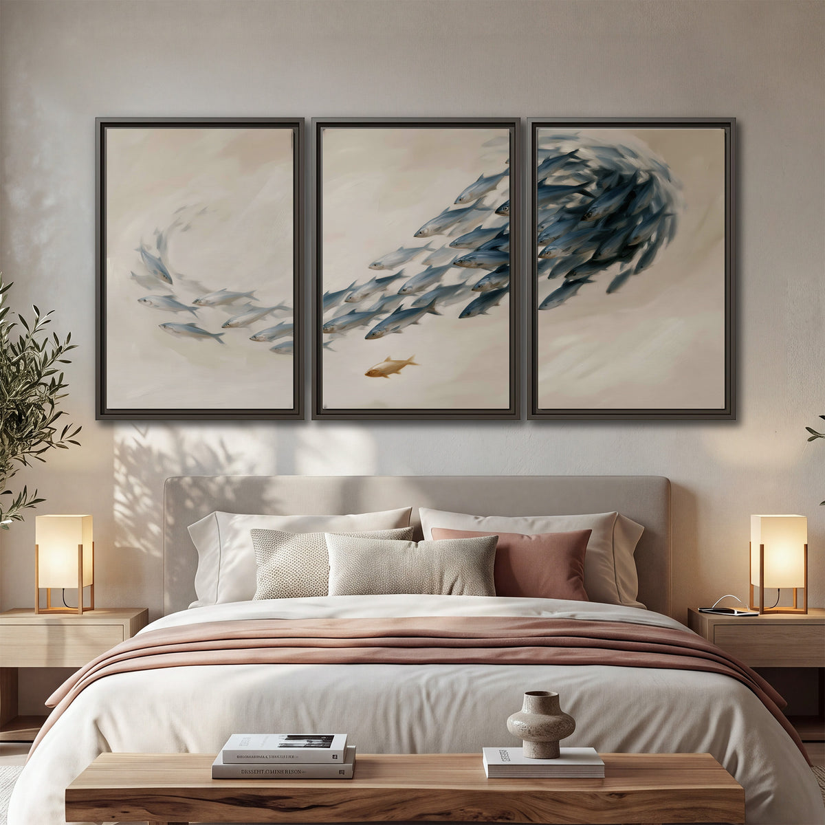 A sweeping school of small gray fish curving across a pale neutral background 3 piece framed canvas wall art displayed in a bedroom