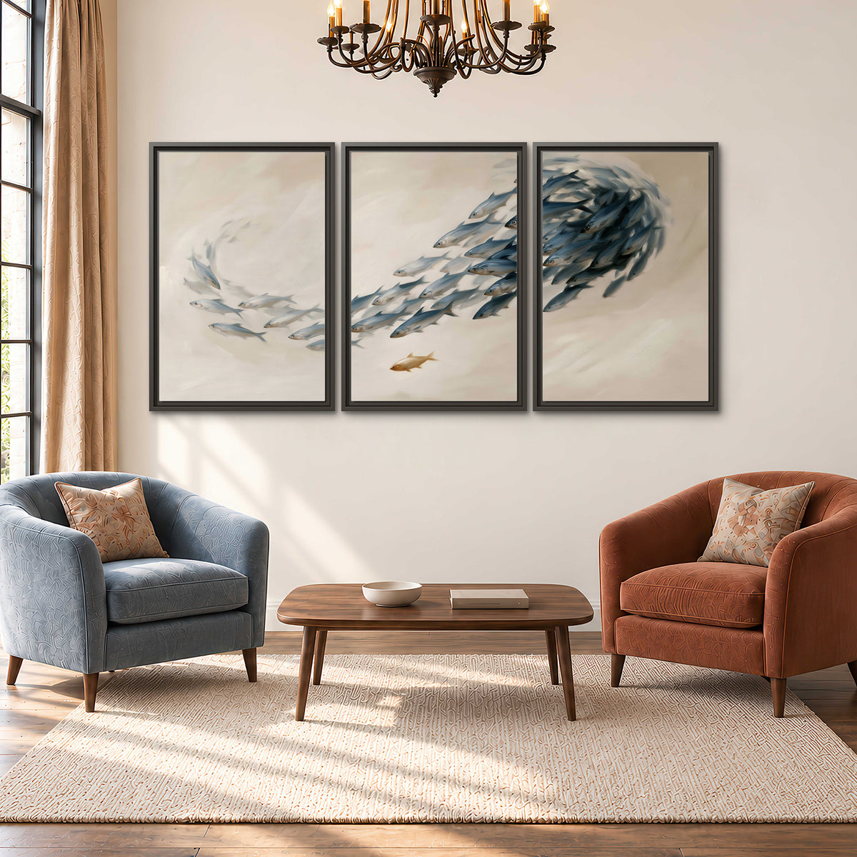 A sweeping school of small gray fish curving across a pale neutral background 3 piece framed canvas wall art styled in an interior
