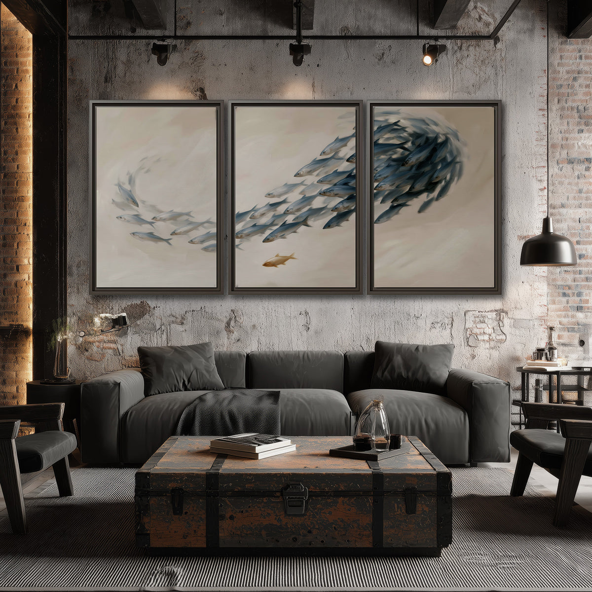A sweeping school of small gray fish curving across a pale neutral background 3 piece framed canvas wall art displayed in a industrial room