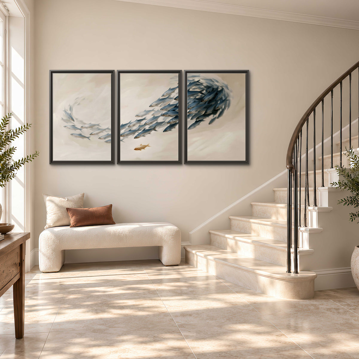 A sweeping school of small gray fish curving across a pale neutral background 3 piece framed canvas wall art styled in an interior