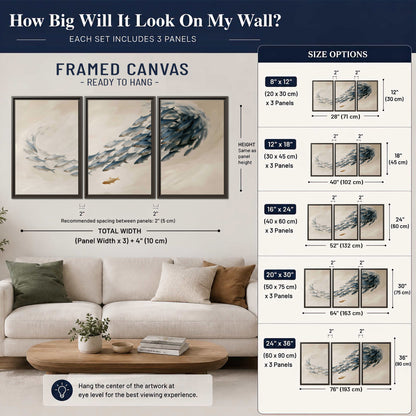A sweeping school of small gray fish curving across a pale neutral background 3 piece framed canvas wall art size guide above a sofa; room view is illustrative