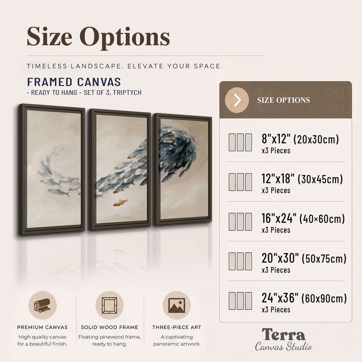 A sweeping school of small gray fish curving across a pale neutral background 3 piece framed canvas wall art available dimensions; triptych dimensions are per panel
