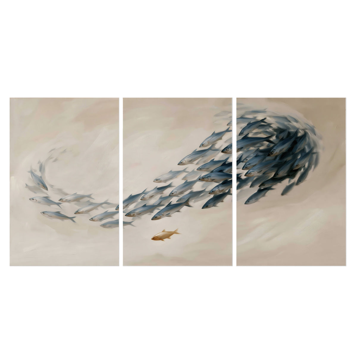 A sweeping school of small gray fish curving across a pale neutral background set of 3 poster prints viewed straight on
