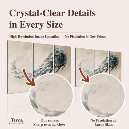 A sweeping school of small gray fish curving across a pale neutral background artwork quality information