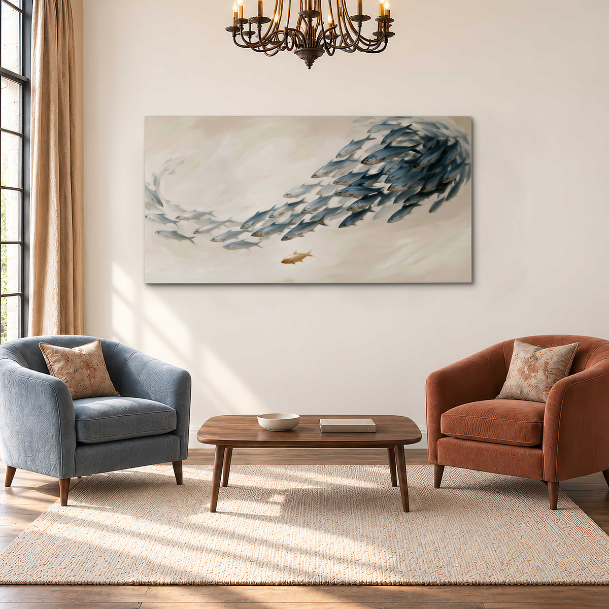 A sweeping school of small gray fish curving across a pale neutral background single canvas wall art styled in an interior
