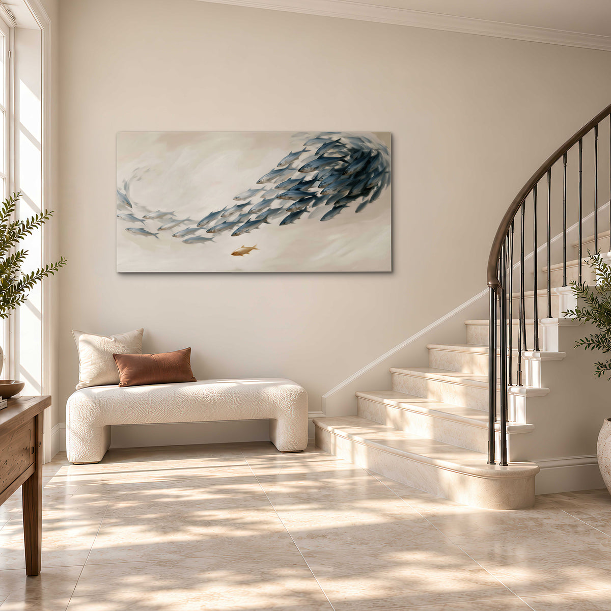 A sweeping school of small gray fish curving across a pale neutral background single canvas wall art styled in an interior