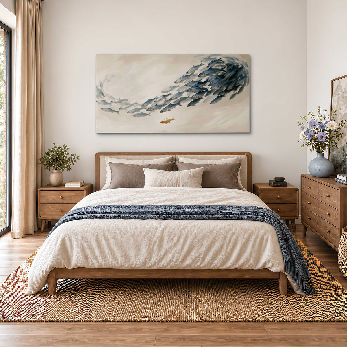 A sweeping school of small gray fish curving across a pale neutral background single canvas wall art styled in an interior