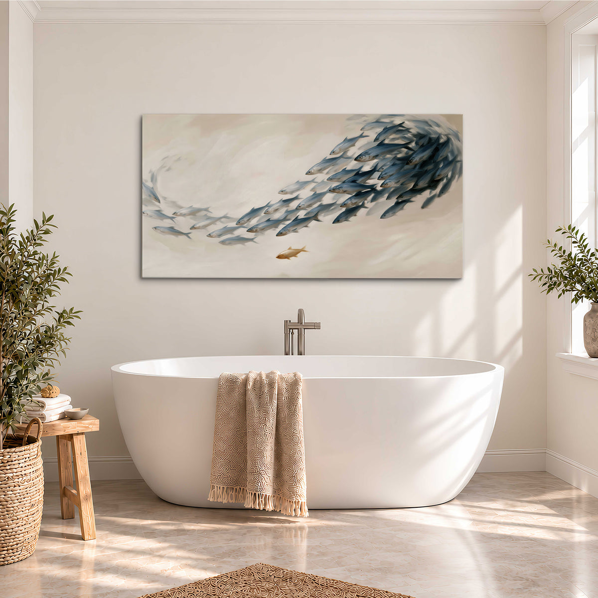 A sweeping school of small gray fish curving across a pale neutral background single canvas wall art styled in an interior