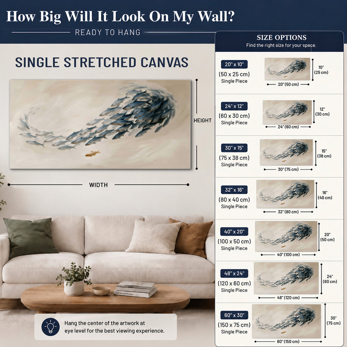 A sweeping school of small gray fish curving across a pale neutral background single canvas wall art size guide above a sofa; room view is illustrative