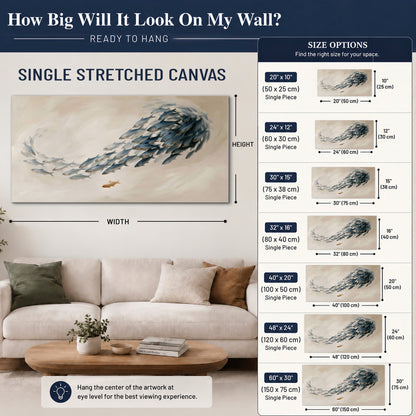 A sweeping school of small gray fish curving across a pale neutral background single canvas wall art size guide above a sofa; room view is illustrative