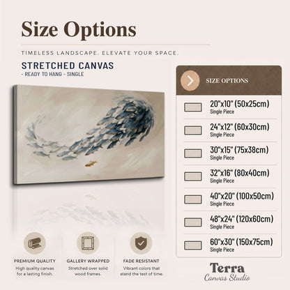 A sweeping school of small gray fish curving across a pale neutral background single canvas wall art available dimensions