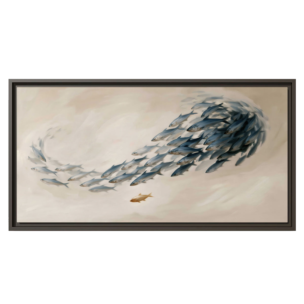 A sweeping school of small gray fish curving across a pale neutral background single framed canvas wall art viewed straight on