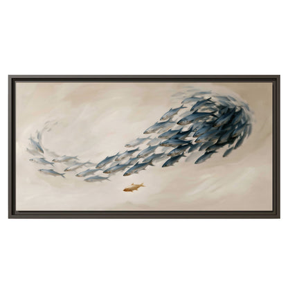 A sweeping school of small gray fish curving across a pale neutral background single framed canvas wall art viewed straight on
