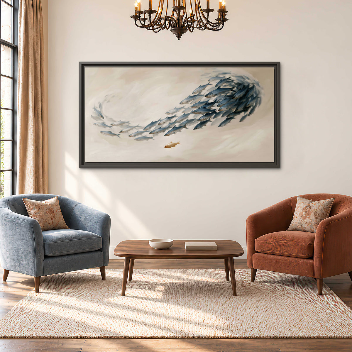 A sweeping school of small gray fish curving across a pale neutral background single framed canvas wall art styled in an interior