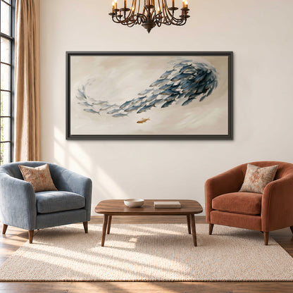 A sweeping school of small gray fish curving across a pale neutral background single framed canvas wall art styled in an interior